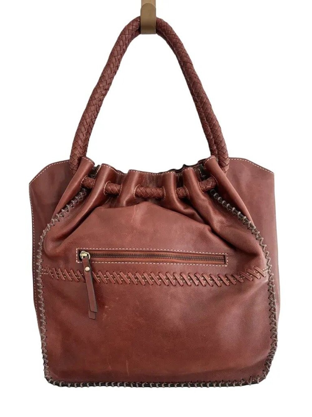 FIRENZE BELLA Genuine Leather Cognac Brown Whipstitched Bucket Style Boho Bag